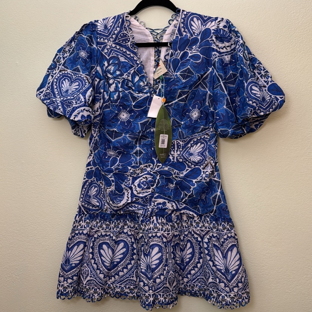 Farm Rio L Blue Tile Dream Short Sleeve Mini Dress - Picture 4 of 12